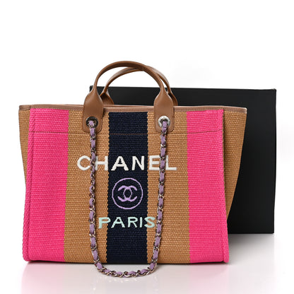 Chanel Straw Raffia Calfskin Striped Medium Deauville Tote Dark Beige Fuchsia Navy Blue 11 of 11