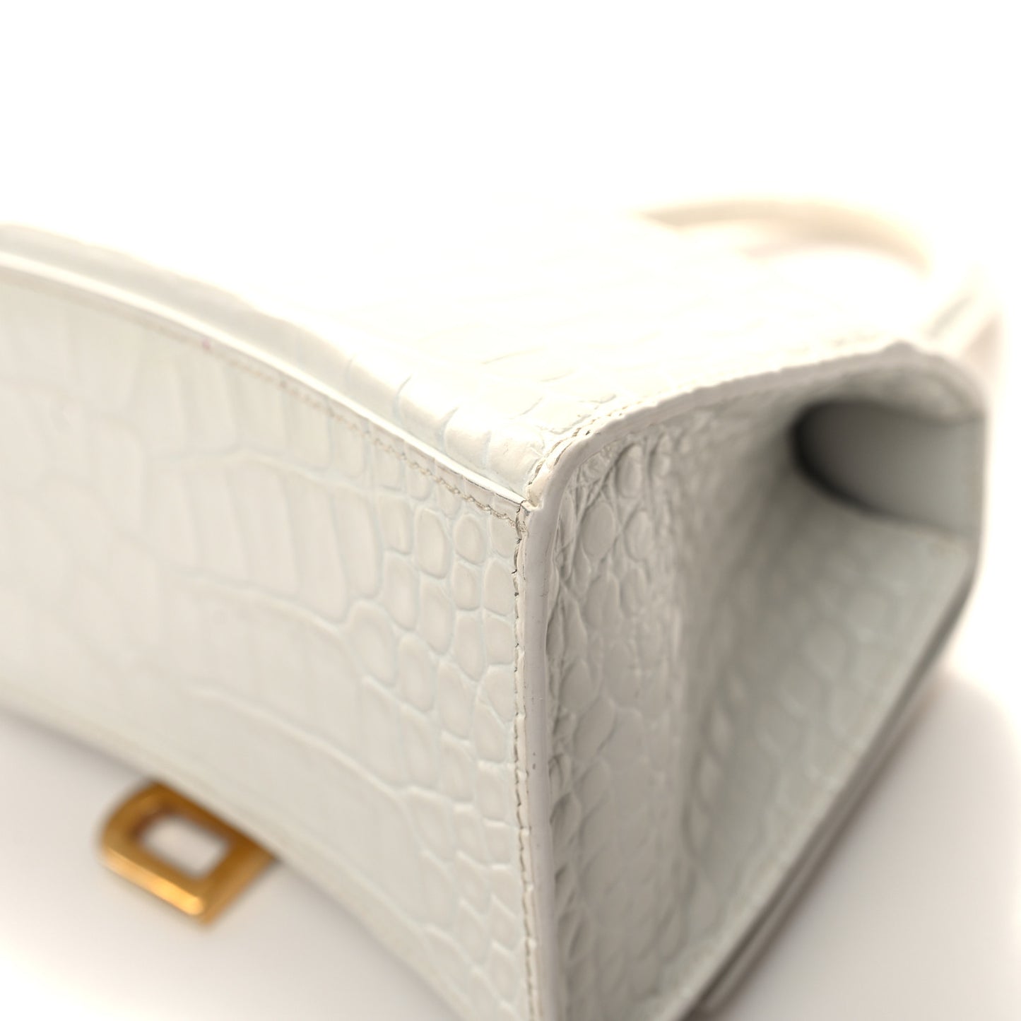 Shiny Calfskin Crocodile Embossed Small Hourglass Top Handle Bag White