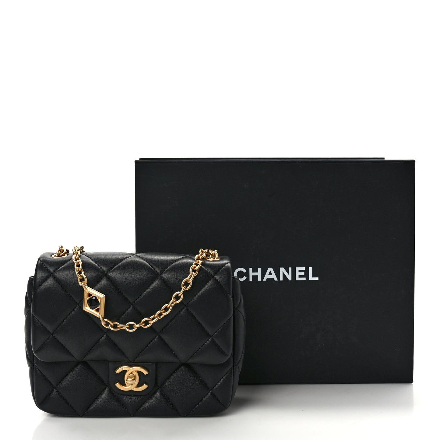 Lambskin Enamel Pearl Quilted Mini Charm Me Square Flap Black