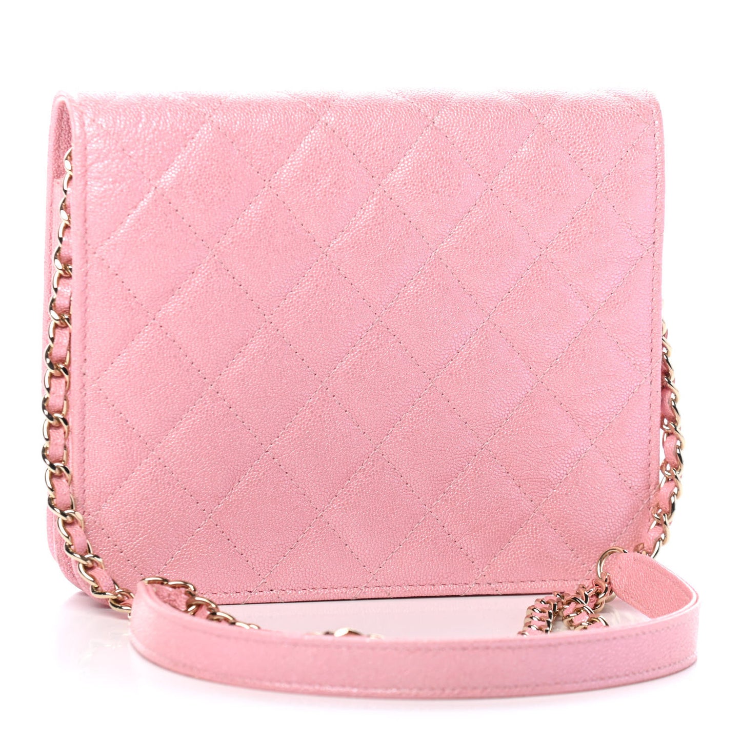 Iridescent Caviar Quilted Square Wallet On Chain WOC Rose Pink