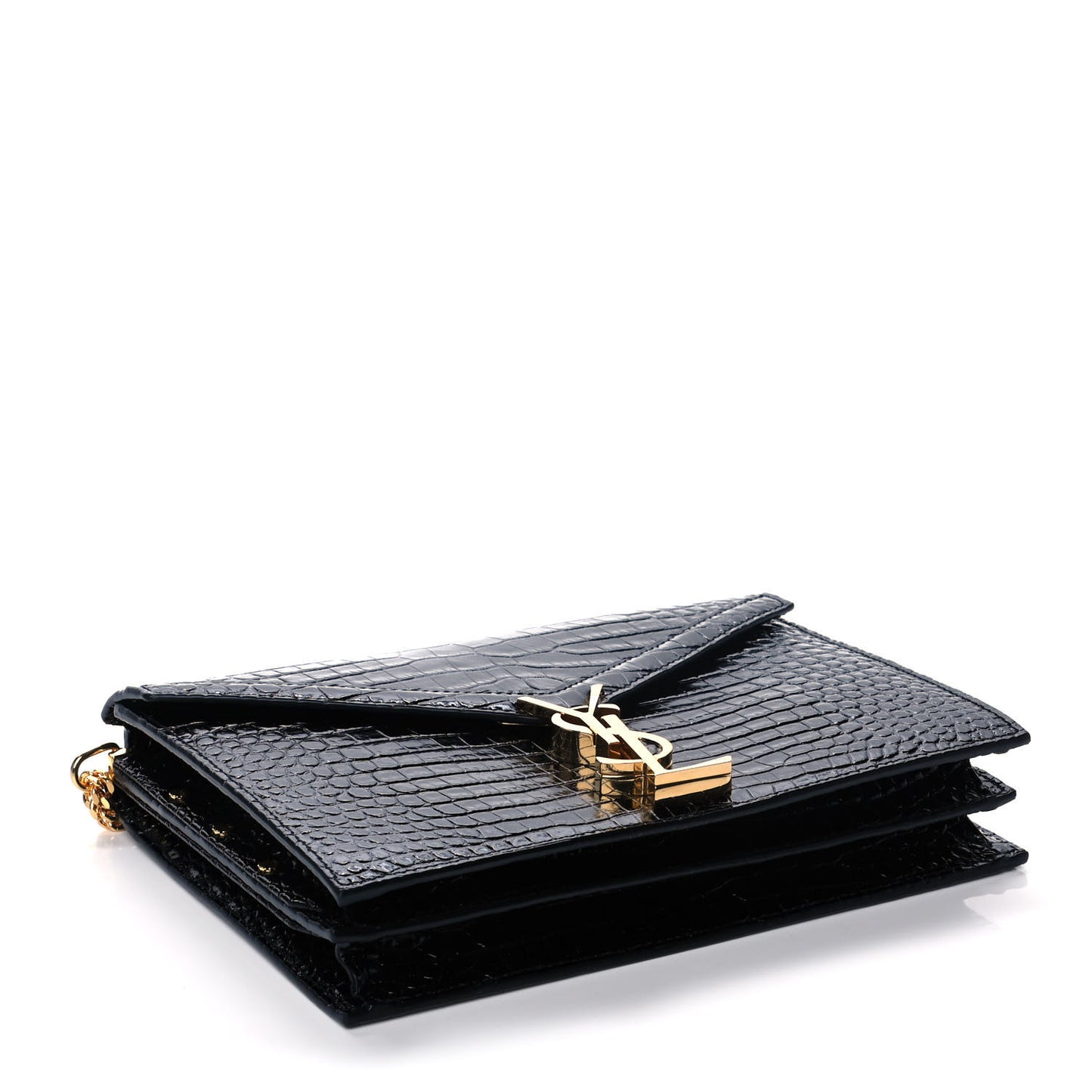 Patent Calfskin Crocodile Embossed Monogram Cassandra Chain Wallet Black