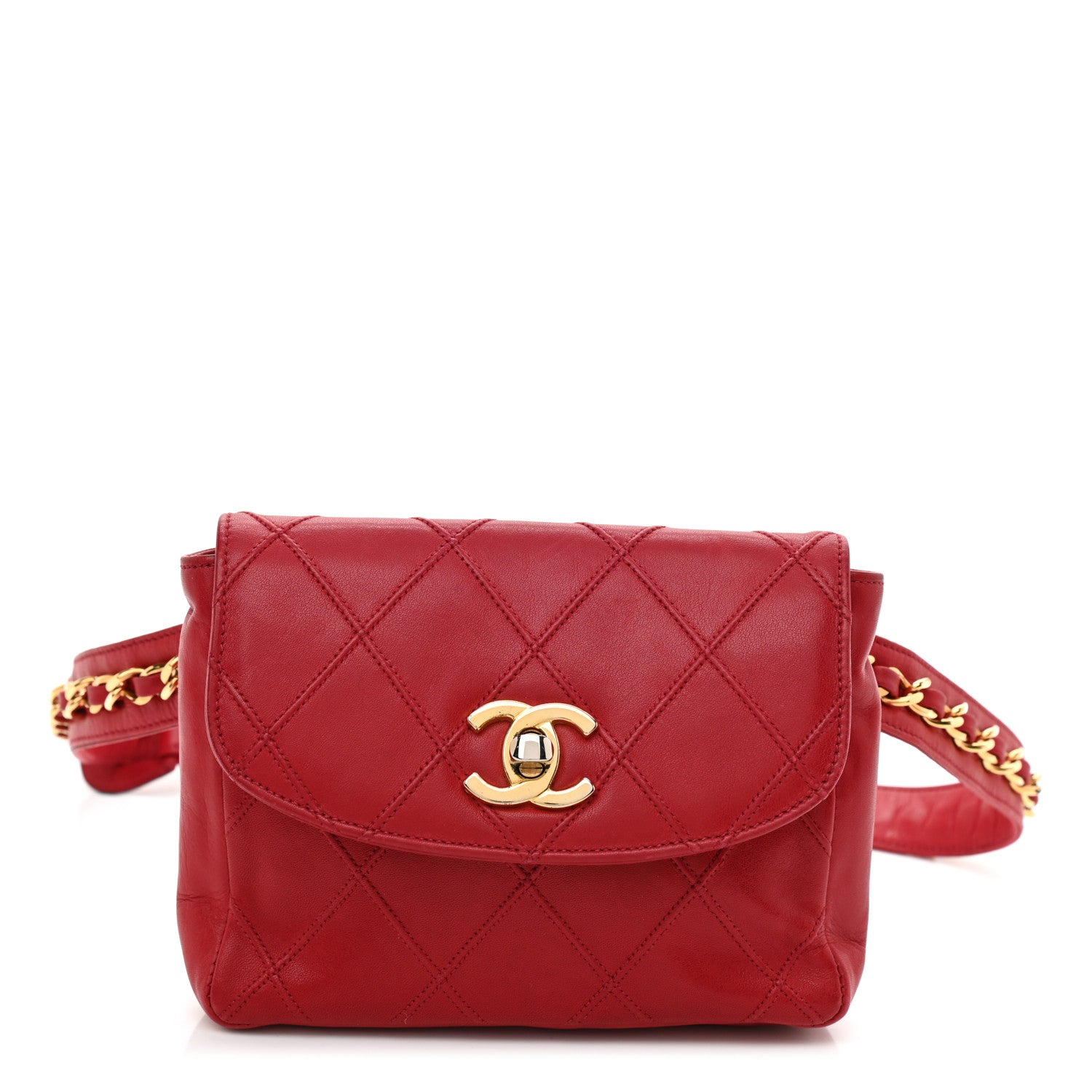 Chanel Lambskin Diamond Stitched Waist Chain Belt Flap Bag Red 1 of 12