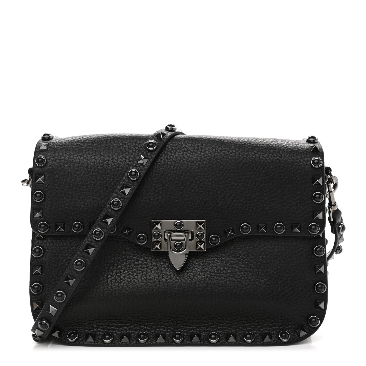Pebbled Calfskin Onyx Medium Rockstud Rolling Flap Saddle Bag Black