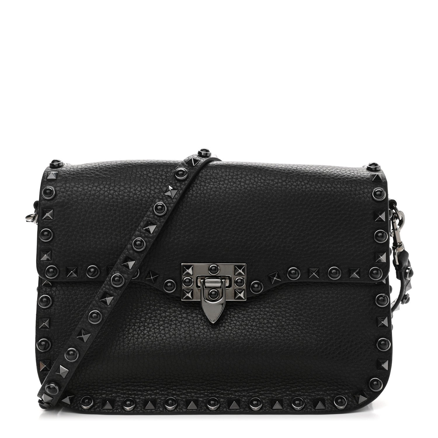 Valentino Garavani Pebbled Calfskin Onyx Medium Rockstud Rolling Flap Saddle Bag Black 1 of 9