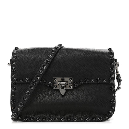 Valentino Garavani Pebbled Calfskin Onyx Medium Rockstud Rolling Flap Saddle Bag Black 1 of 9