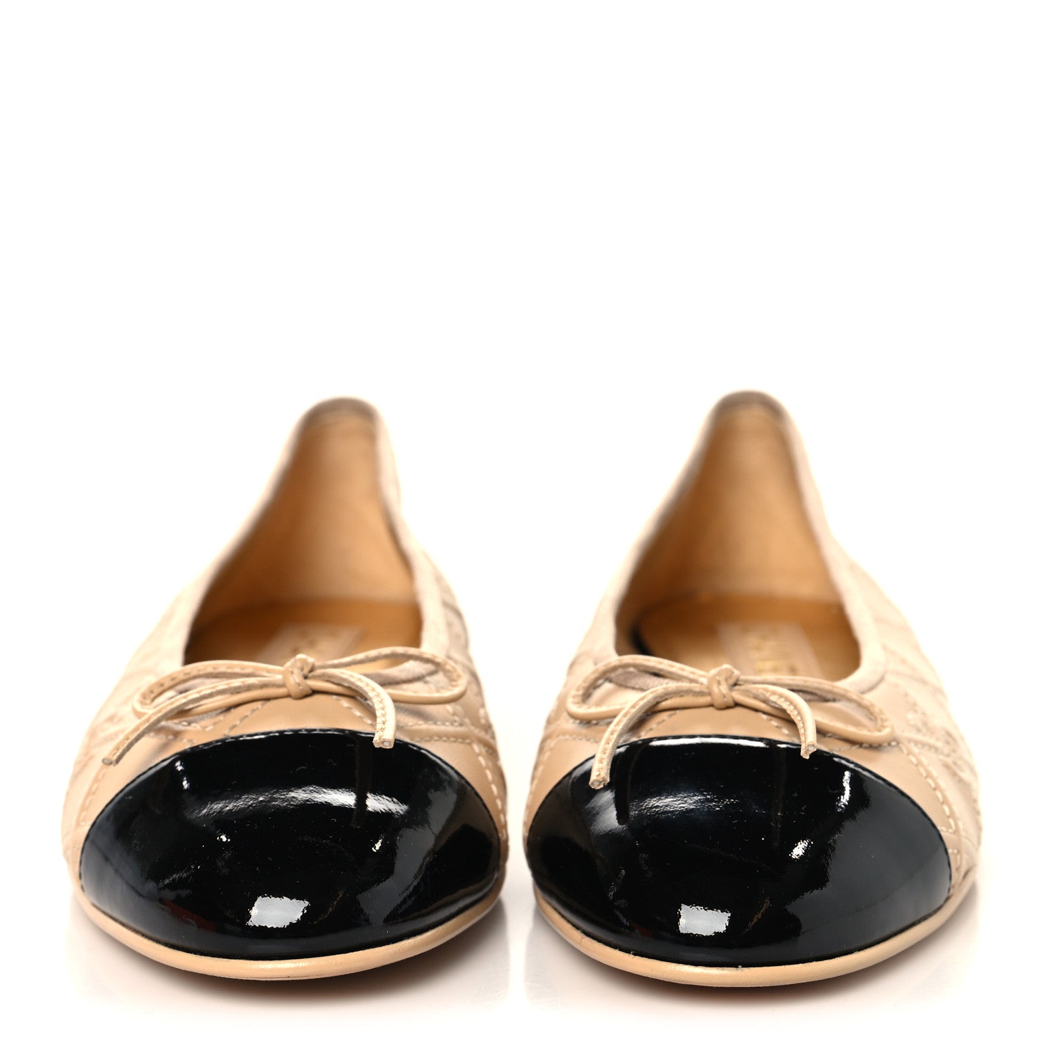 Chanel Lambskin Patent Double Stitched CC Cap Toe Ballerina Flats 39.5 Beige Black 3 of 10