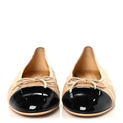 Chanel Lambskin Patent Double Stitched CC Cap Toe Ballerina Flats 39.5 Beige Black 3 of 10