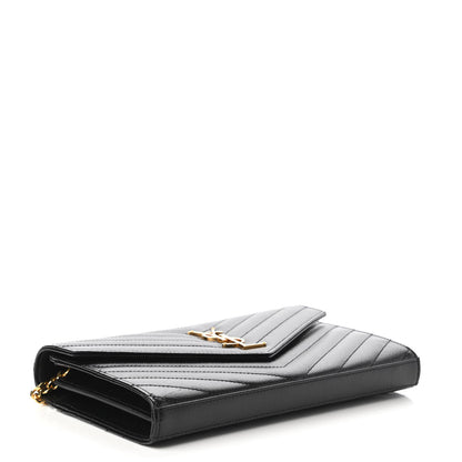Saint Laurent Grain De Poudre Matelasse Chevron Monogram Chain Wallet Black 4 of 11