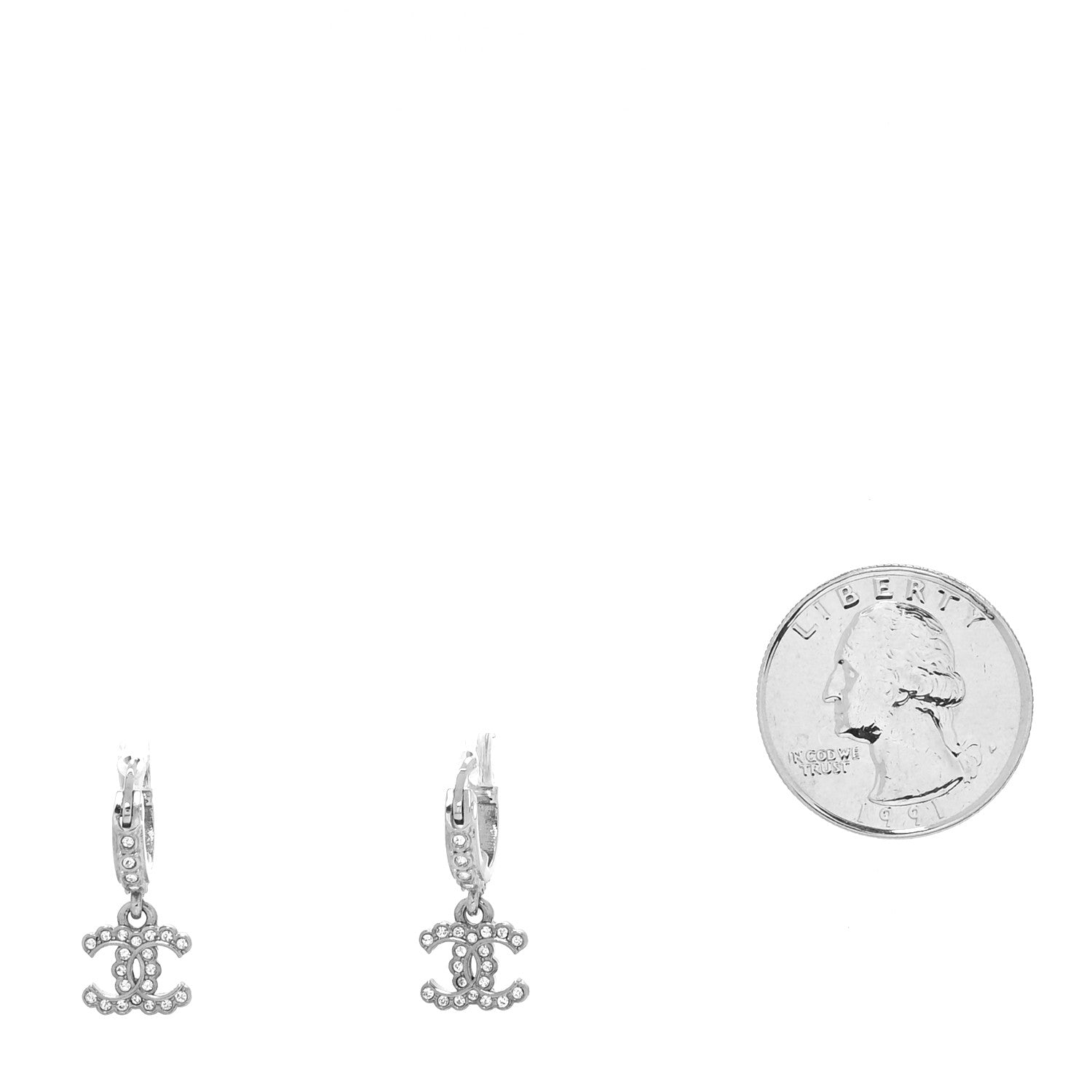 Chanel Metal Crystal CC Hoop Drop Earrings Silver 2 of 4