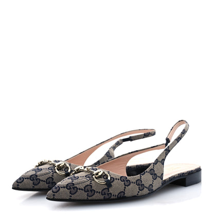 Gucci Monogram Horsebit Womens Slingback Ballet Flat 39 Beige Blue 4 of 10