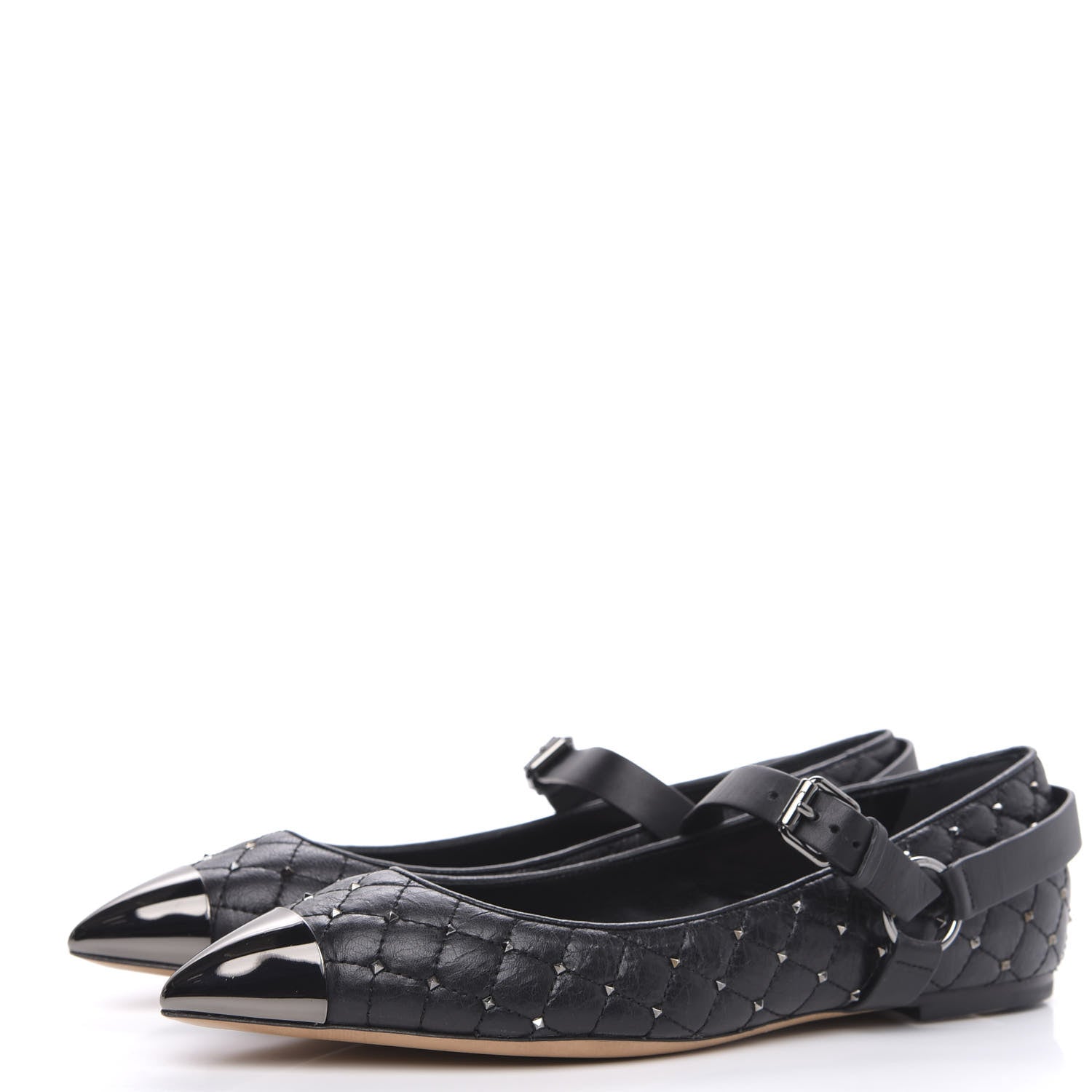 Valentino Garavani Crackled Lambskin Rockstud Spike Captoe Ballerina Flats 39.5 Black 3 of 10