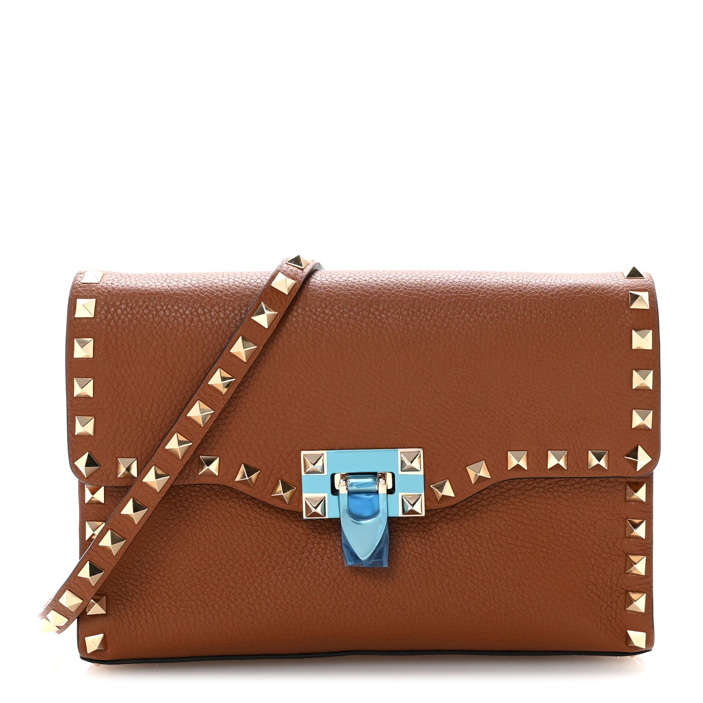 Pebbled Calfskin Medium Rockstud Flip Lock Crossbody Bag Saddle Brown