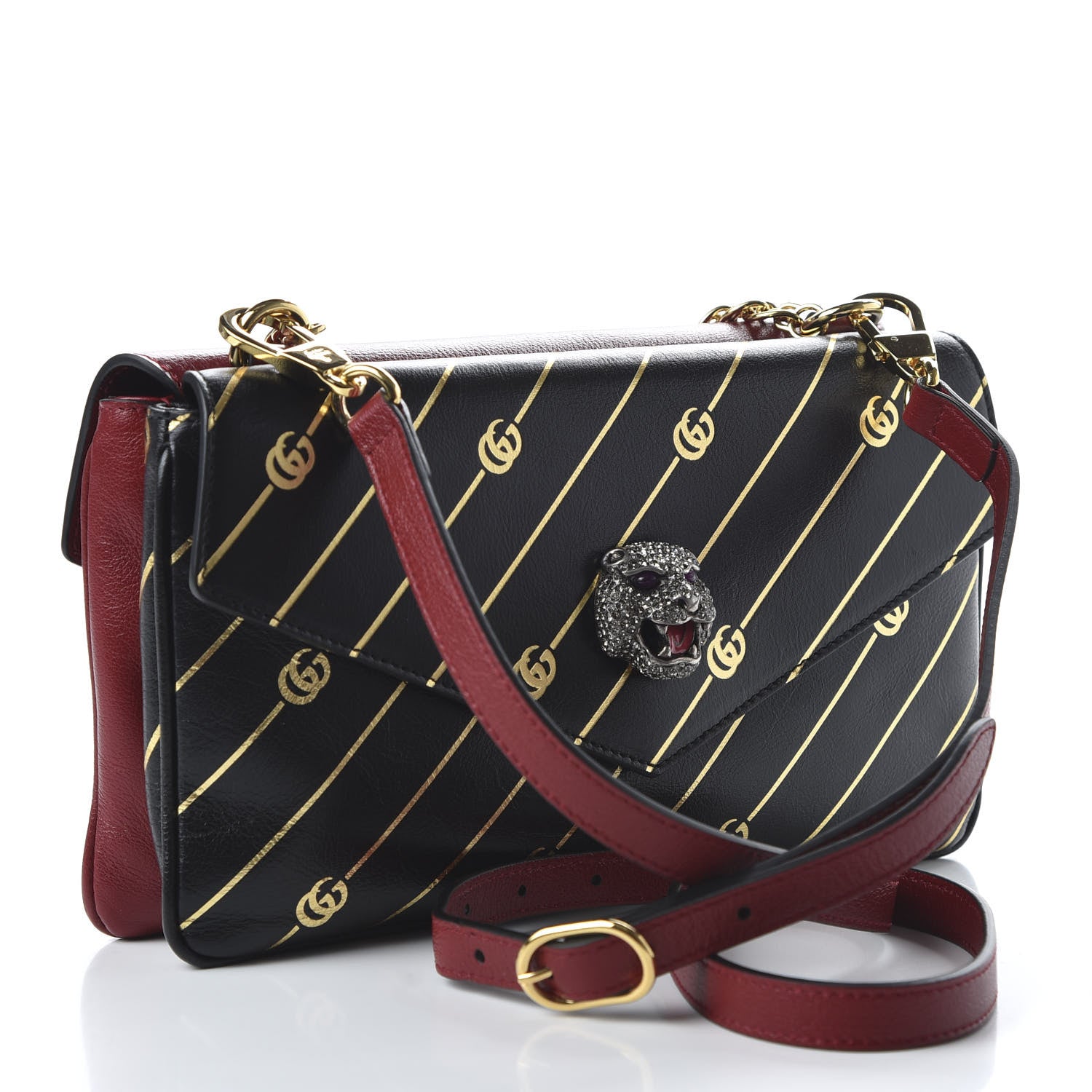Gucci Calfskin Diagonal GG Medium Thiara Double Envelope Shoulder Bag Black Red 3 of 10