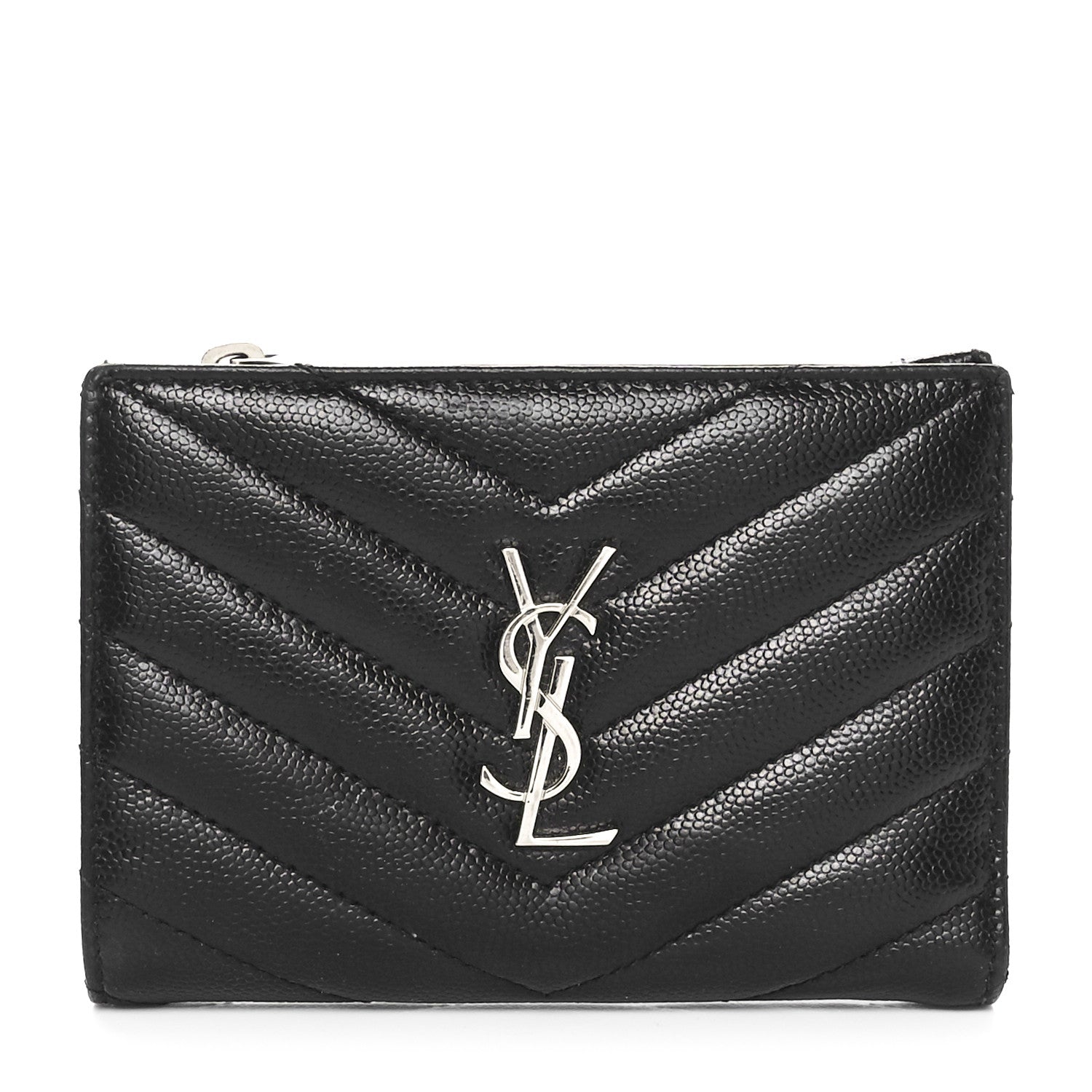 Saint Laurent Grain De Poudre Matelasse Chevron Monogram Zipped Two-Part Wallet Black 1 of 7