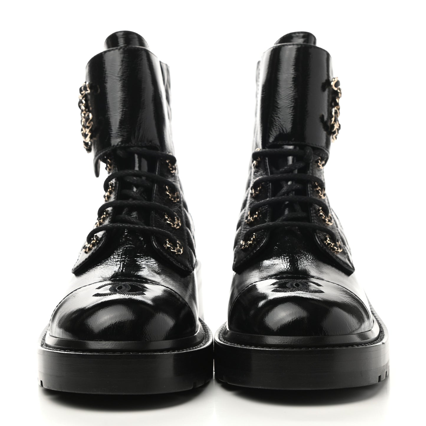 Shiny Lambskin Quilted Lace Up Combat Boots 40 Black
