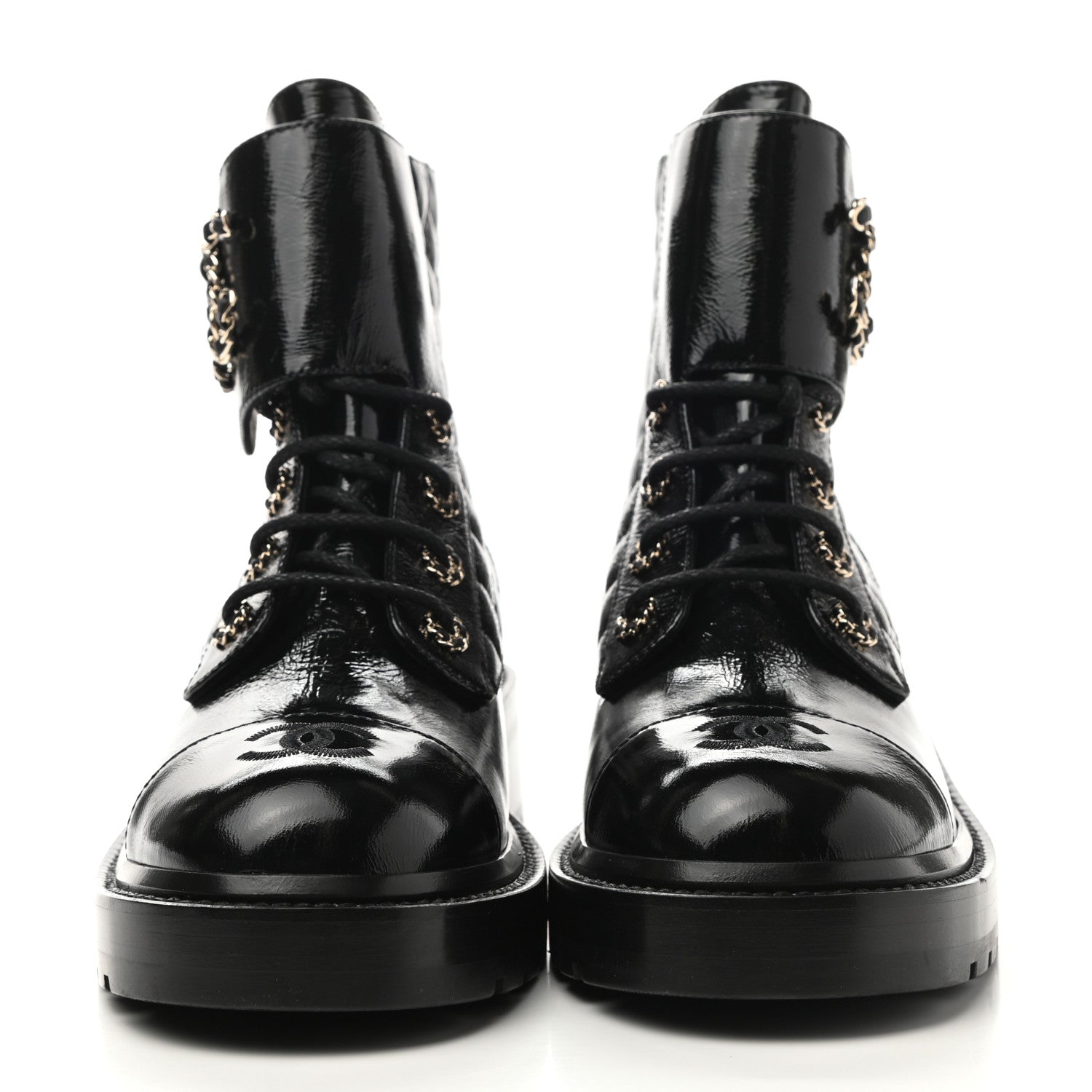 Chanel Shiny Lambskin Quilted Lace Up Combat Boots 40 Black 2 of 10