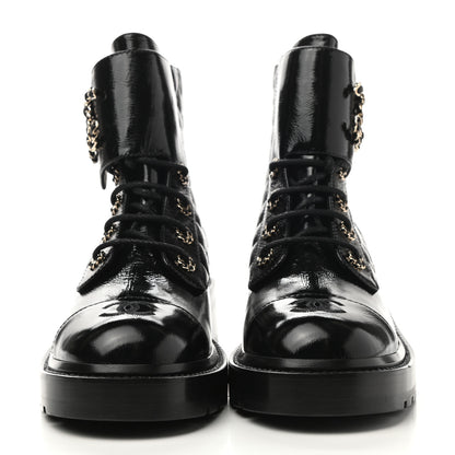 Chanel Shiny Lambskin Quilted Lace Up Combat Boots 40 Black 2 of 10