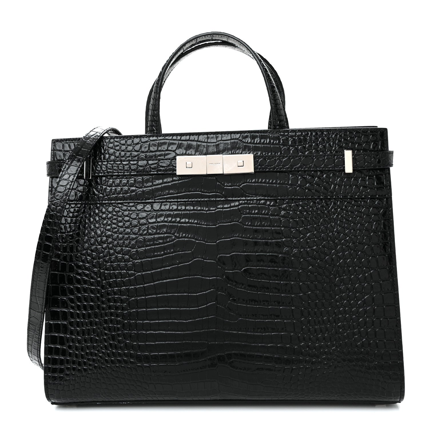 Saint Laurent Shiny Calfskin Crocodile Embossed Small Manhattan