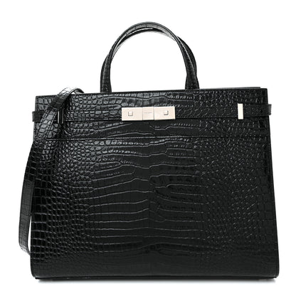 Saint Laurent Shiny Calfskin Crocodile Embossed Small Manhattan Shopper Tote Black 1 of 10