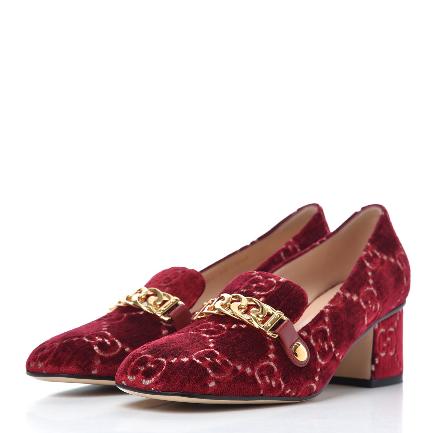 Velvet GG Monogram Sylvie Web Chain Mid Heel Loafers 38 Red Cipria