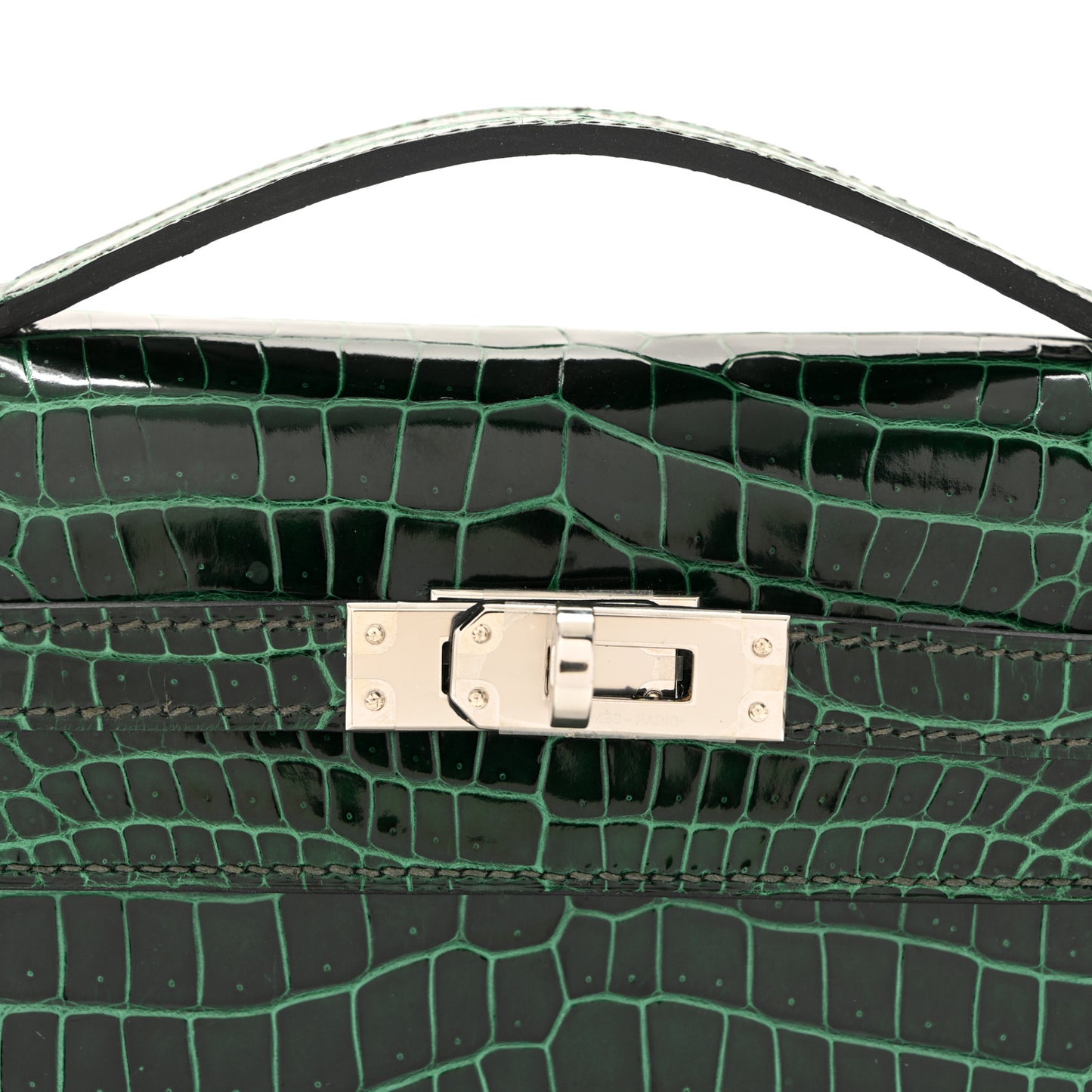 Shiny Porosus Crocodile Kelly Pochette Vert Cypress