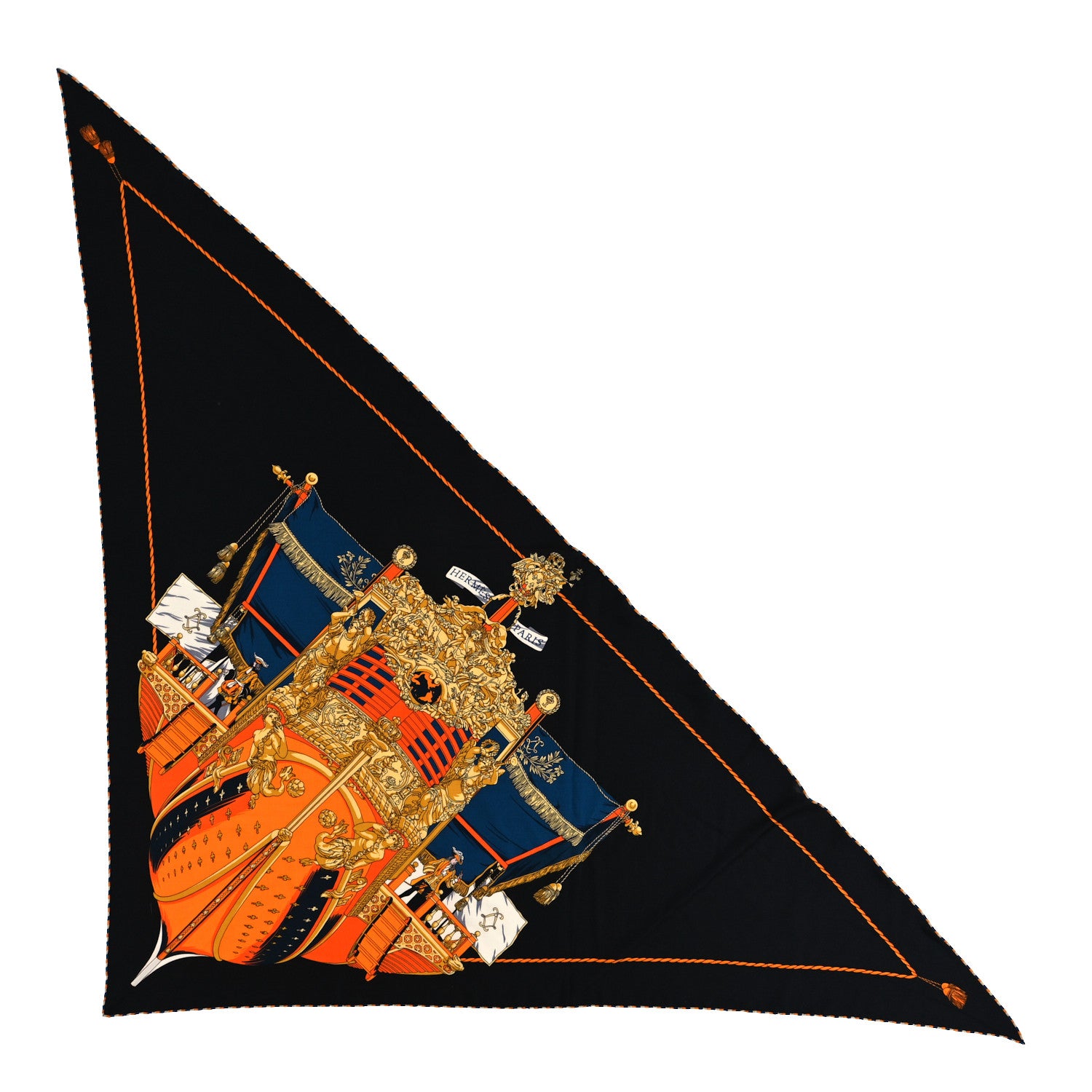Hermes Cashmere Silk La Reale Giant Pointe Triangle Shawl Black Bleu Cobalt Orange 1 of 4