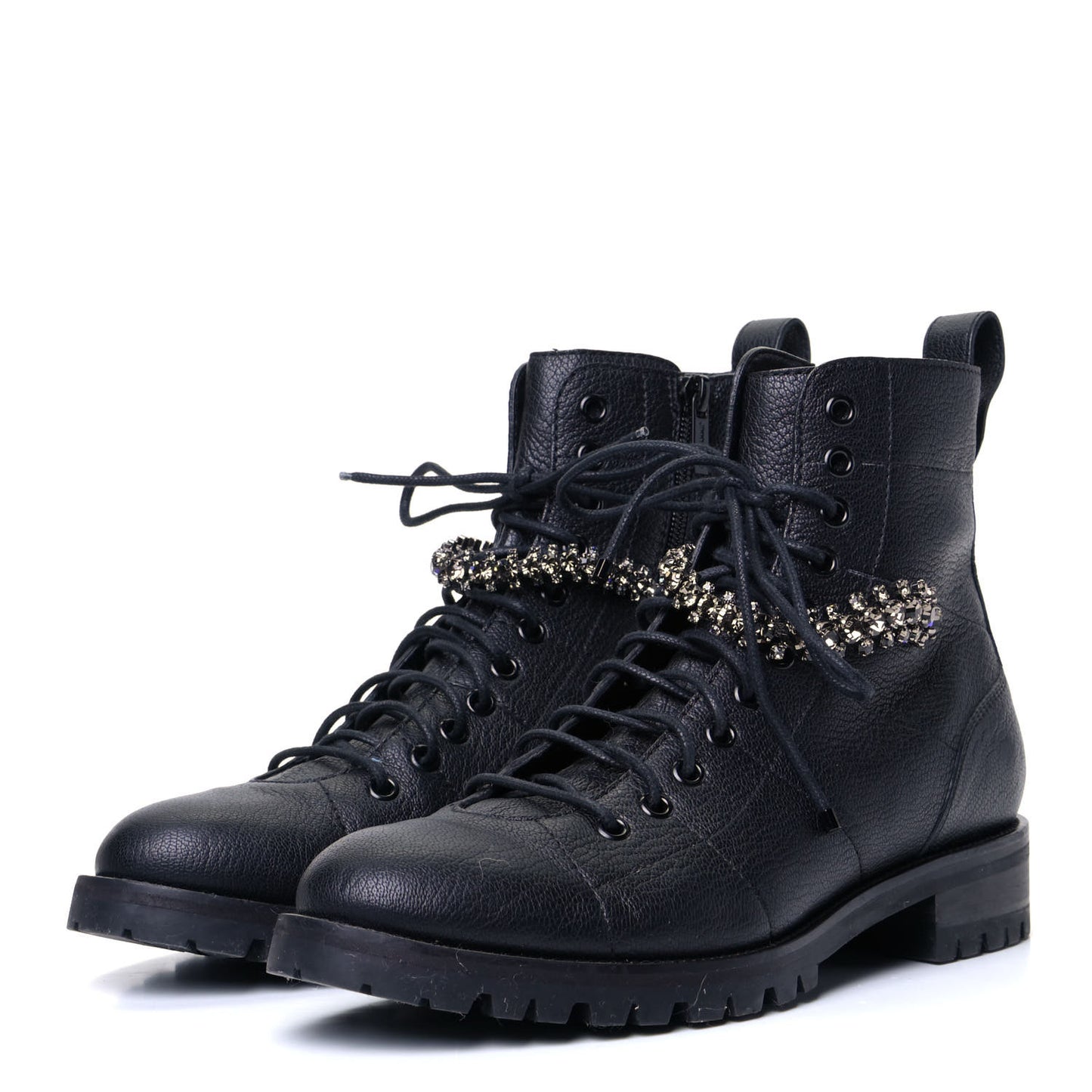Grained Calfskin Crystal Embellished Cruz Combat Boots 40.5 Black