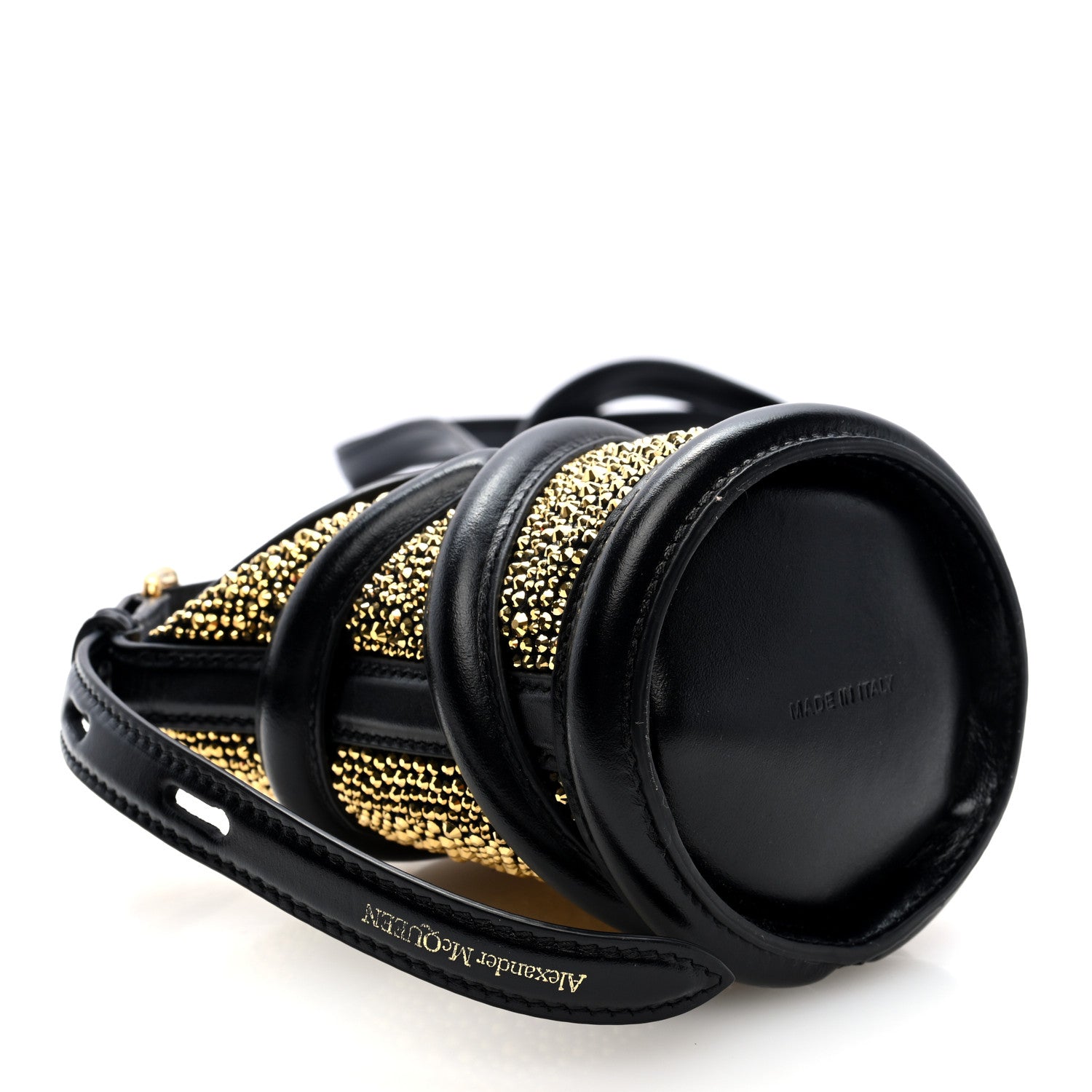 美品 AlexanderMcQueen バムバッグ Alexander McQueen Calfskin Crystal Micro Curve Bucket Bag Black