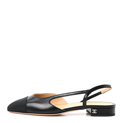 Chanel Goatskin Grosgrain Cap Toe CC Slingback Sandals 37 Black 1 of 10