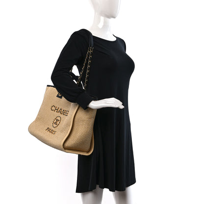 Chanel Straw Raffia Calfskin Chain Medium Deauville Tote Beige Black 2 of 9