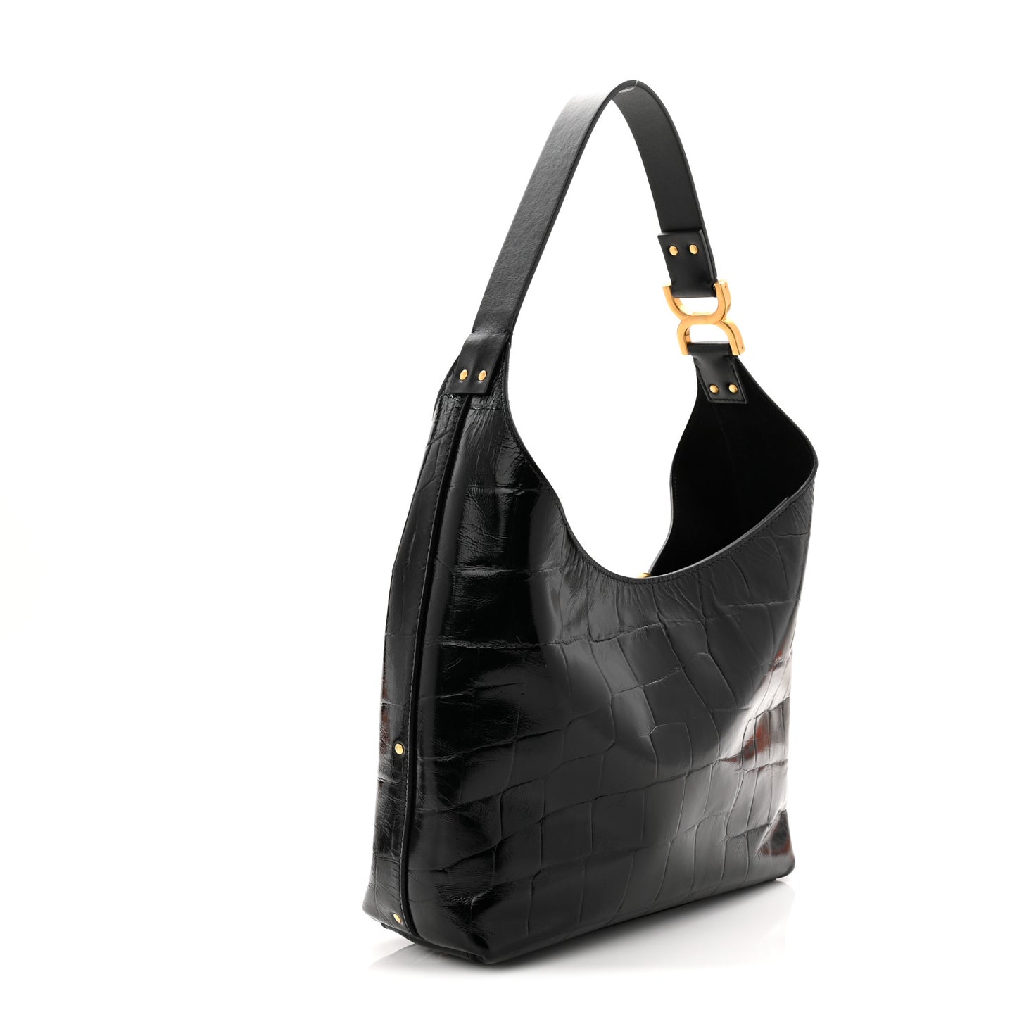Shiny Calfskin Croco-Effect Embossed Small Marcie Hobo Bag Black