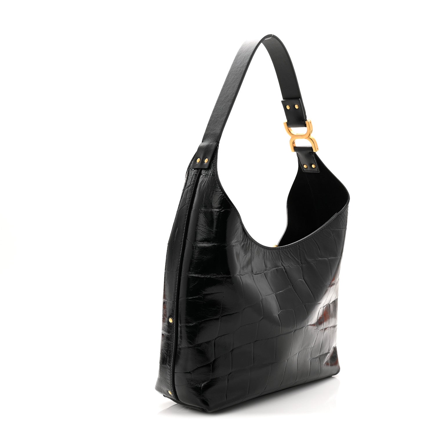 Chloe Shiny Calfskin Croco-Effect Embossed Small Marcie Hobo Bag Black 3 of 10