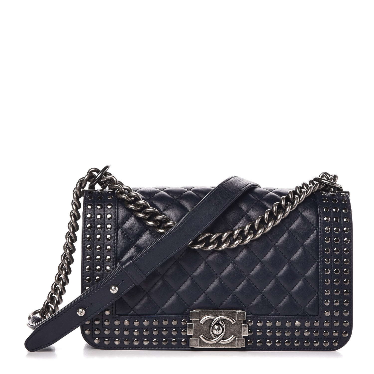 Chanel Calfskin Quilted Studded Medium Boy Flap Navy 1 of 11