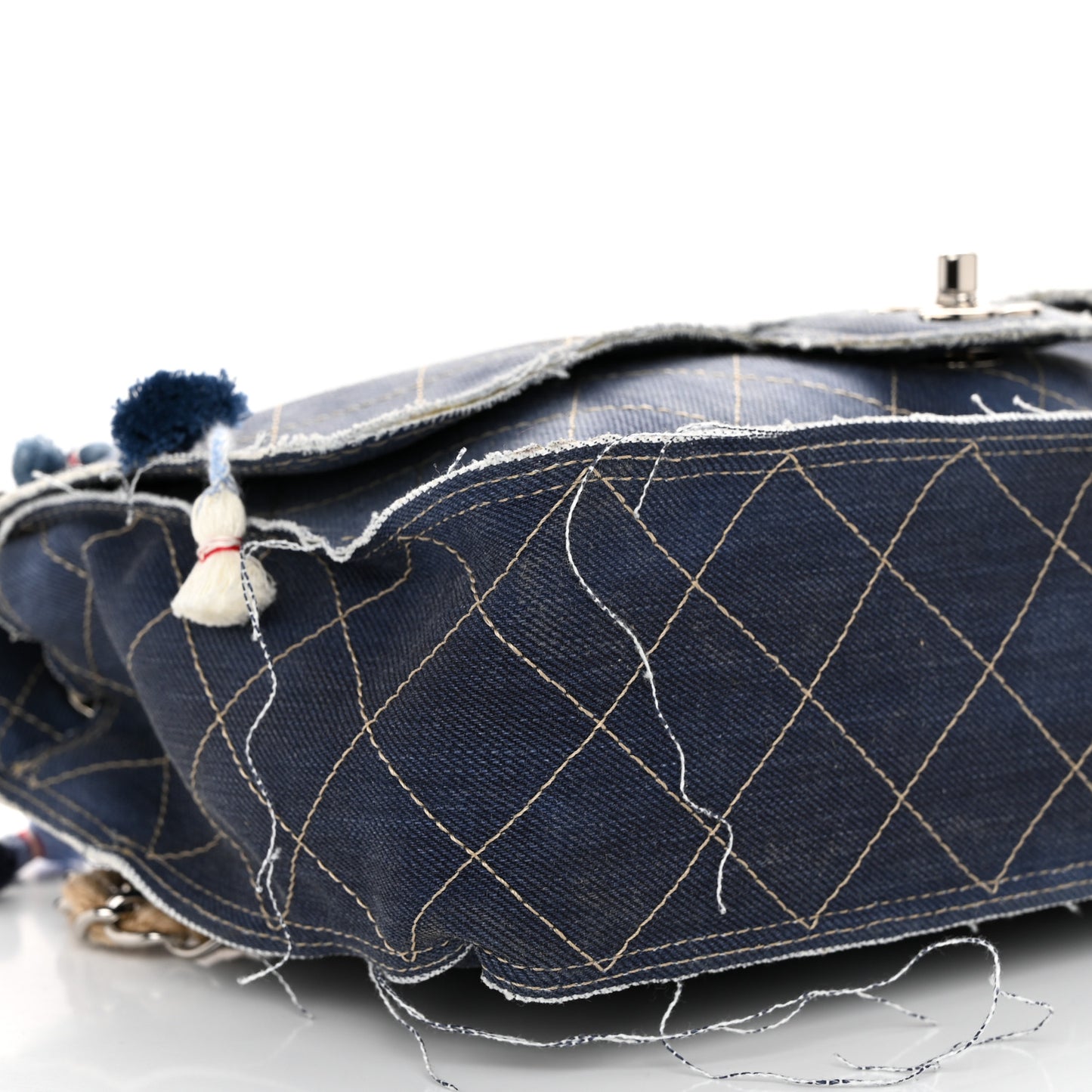 Denim Quilted Jumbo Pompom Flap Dark Blue
