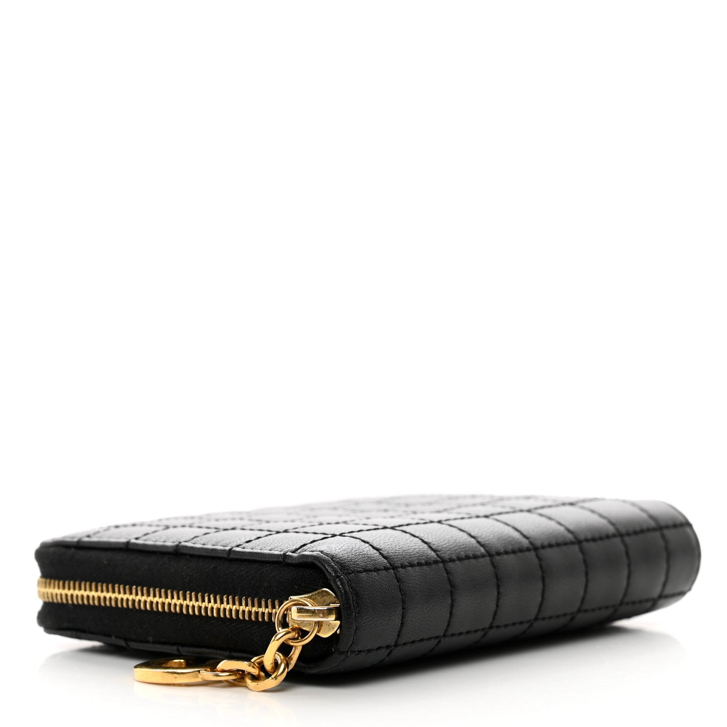 Lambskin Quilted C Charm Zip Around Wallet Black