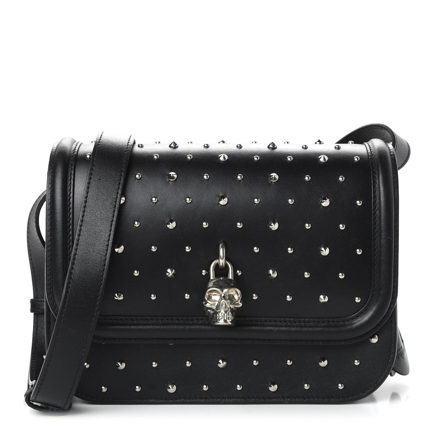 Calfskin Studded Small Padlock Crossbody Bag Black