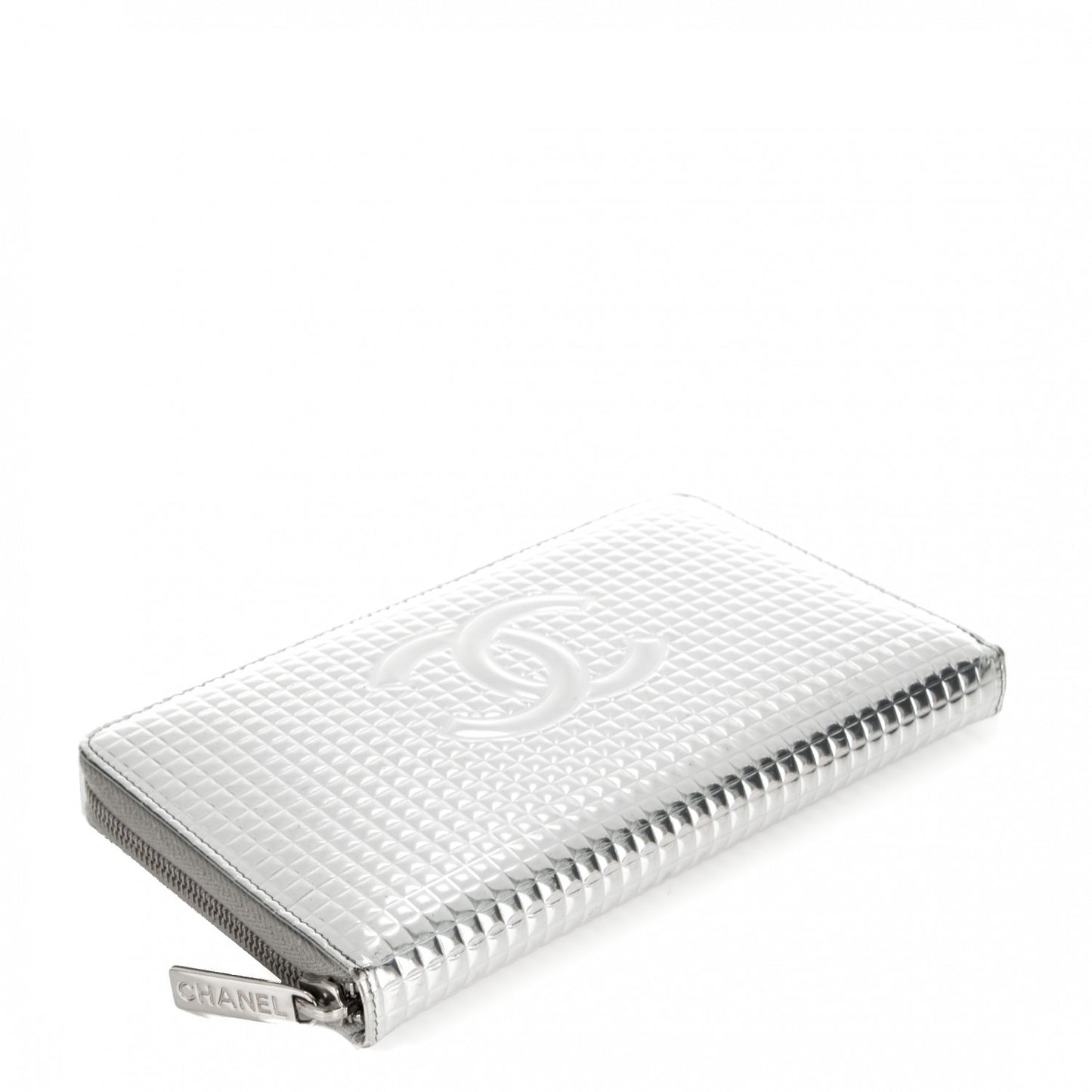 Patent Embossed CC Large Zip Around Organizer Wallet Silver