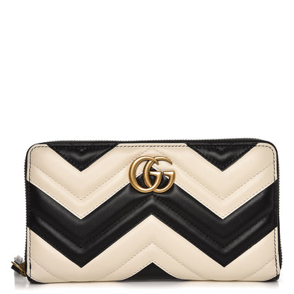 Gucci Calfskin Matelasse GG Marmont Zip Around Organizer Wallet Black White 1 of 8