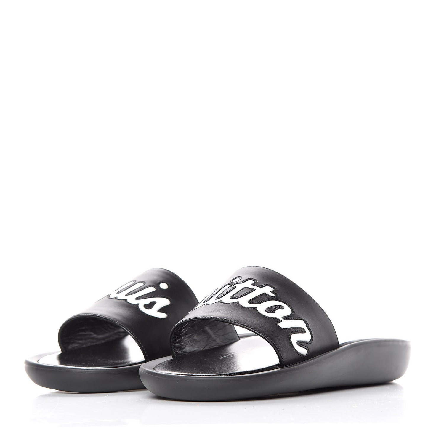 Metallic Calfskin Logo Sunbath Slide Sandals 38 Black