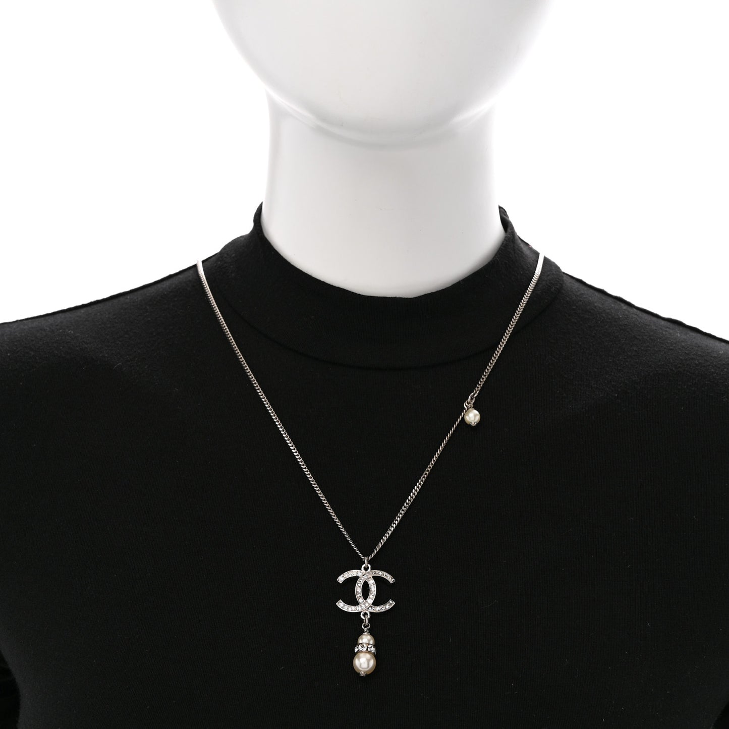 Crystal Pearl CC Necklace Silver
