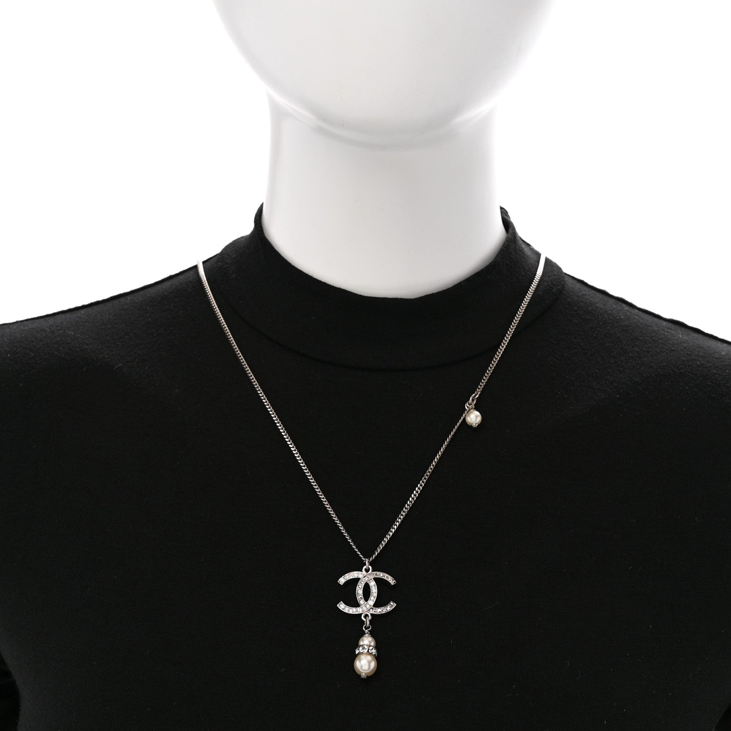 Chanel Crystal Pearl CC Necklace Silver 2 of 6