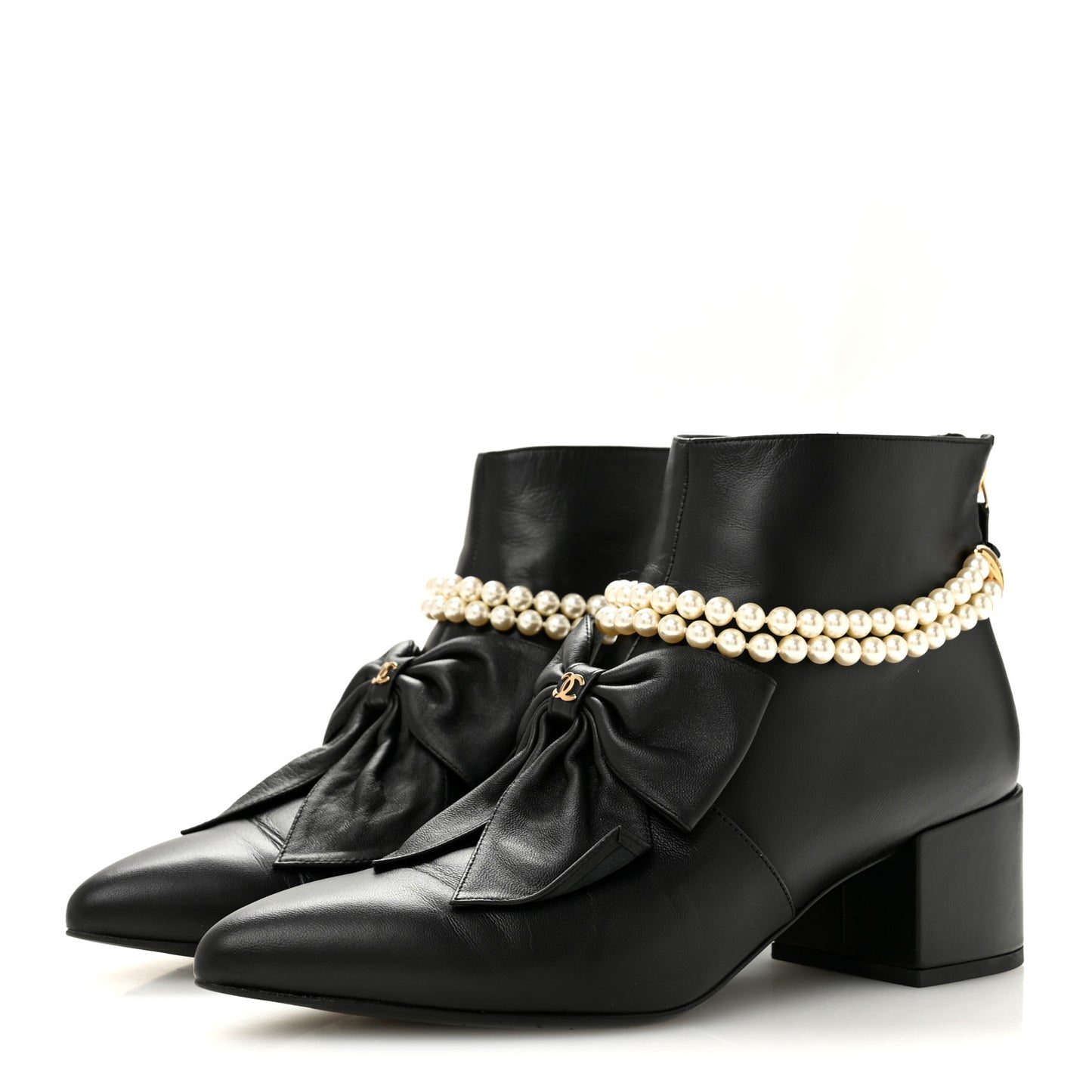 Lambskin Pearl Bow Short Boots 40 Black 40 Black