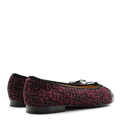 Chanel Wool Cotton Tweed Lambskin Cap Toe Ballerina Flats 39.5 Dark Pink Black Silver 5 of 10