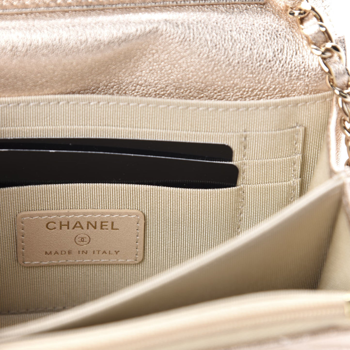 Metallic Lambskin Quilted Mini Wallet On Chain WOC Gold