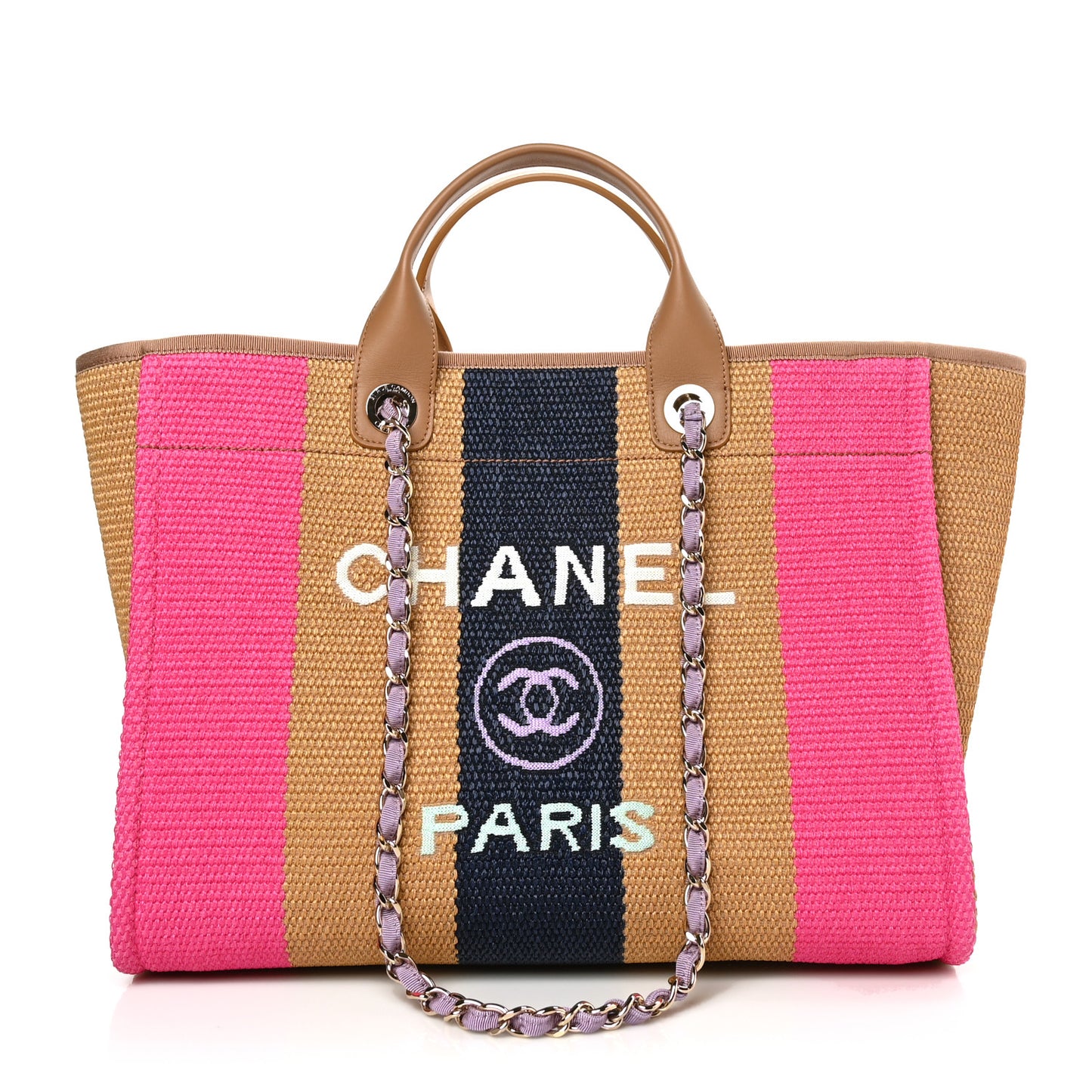 Straw Raffia Calfskin Striped Medium Deauville Tote Dark Beige Fuchsia Navy Blue