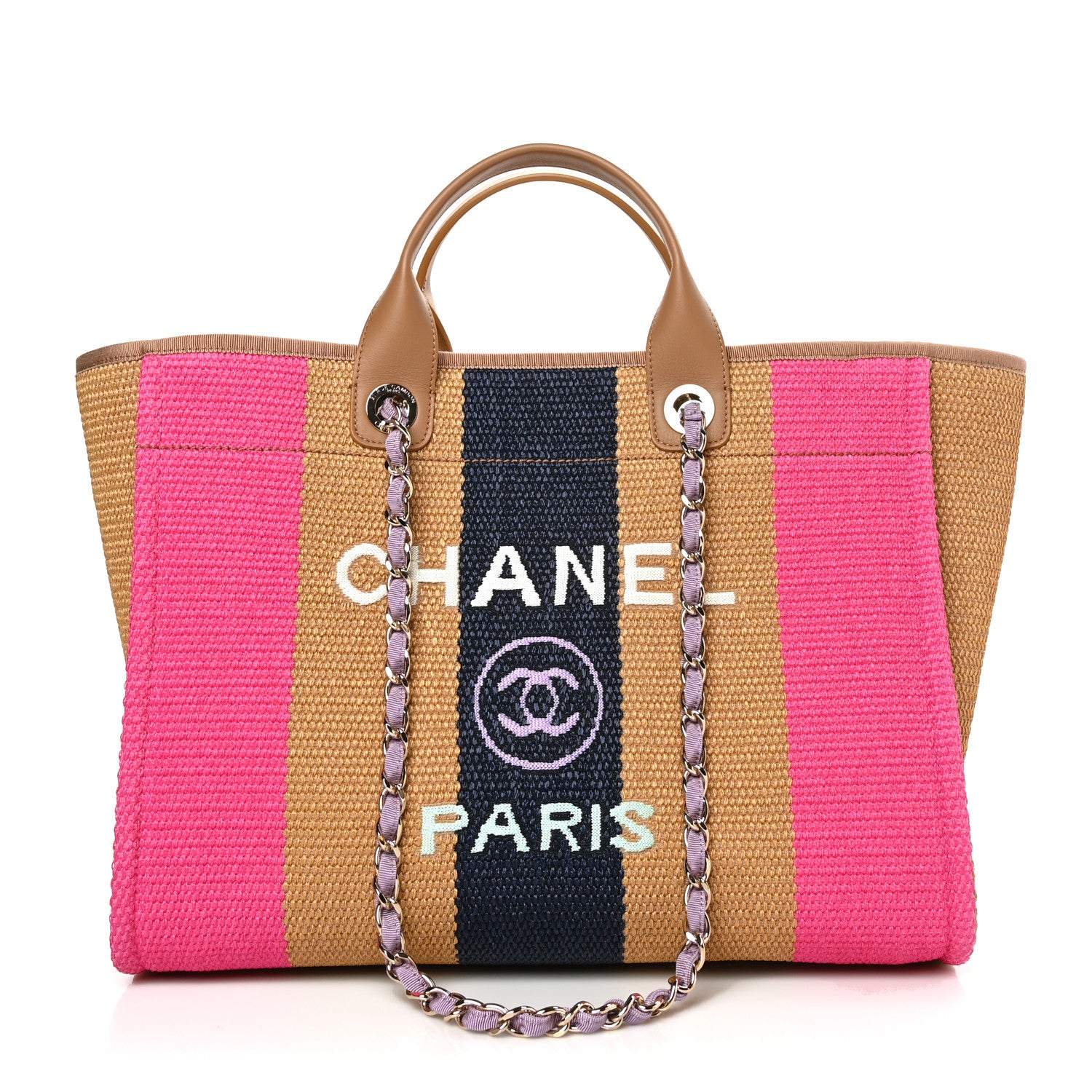 Chanel Straw Raffia Calfskin Striped Medium Deauville Tote Dark Beige Fuchsia Navy Blue 1 of 10