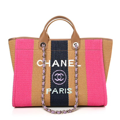 Chanel Straw Raffia Calfskin Striped Medium Deauville Tote Dark Beige Fuchsia Navy Blue 1 of 10