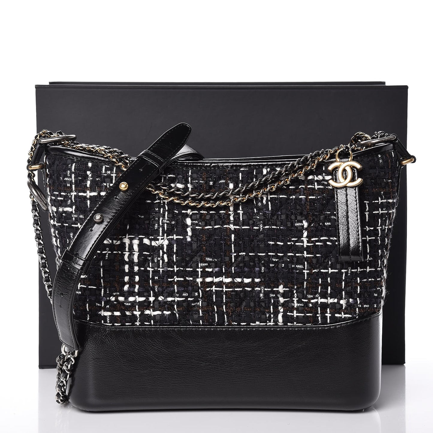 Tweed Calfskin Quilted Medium Gabrielle Hobo Black White