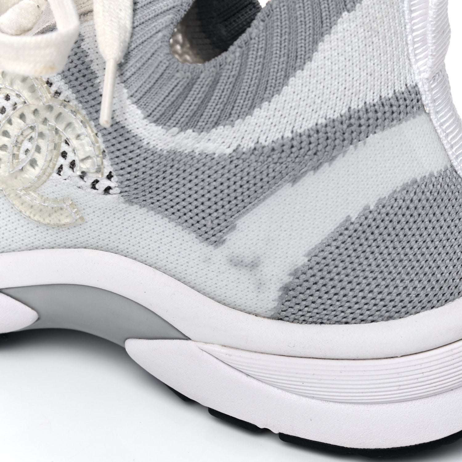 Chanel Fabric Suede Calfskin Stretch CC Sneakers 37 White Grey 9 of 12