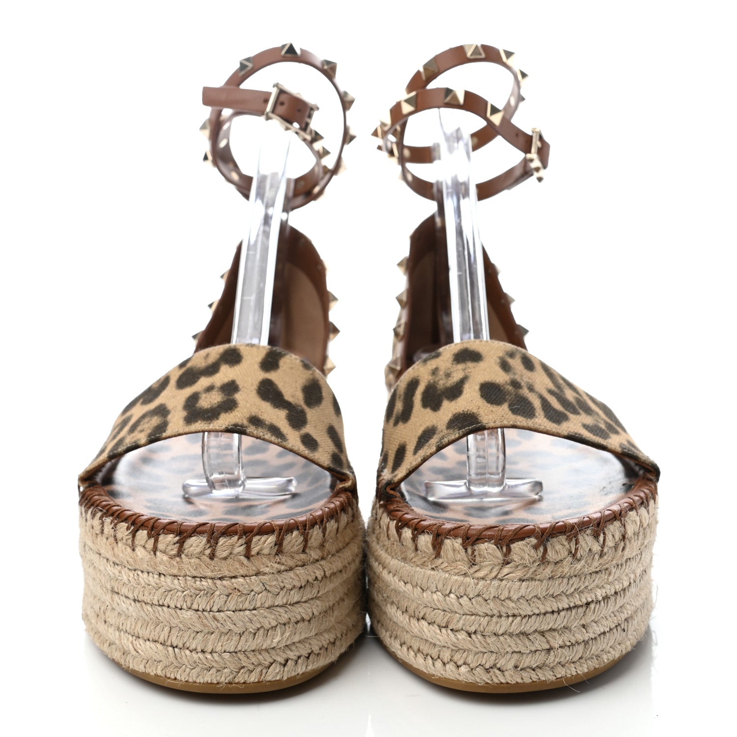 Valentino Garavani Canvas Leopard Print Rockstud Ankle Wrap Espadrille Flatform Sandals 39 Brown 2 of 8